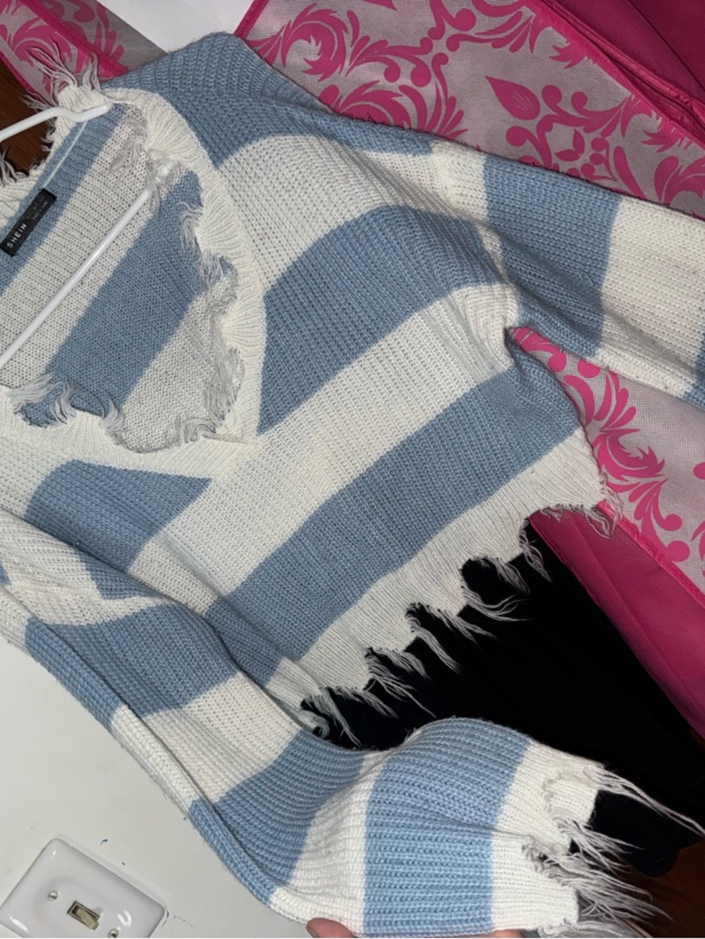 SHEIN Blue & White Striped Distressed V-Neck Sweater